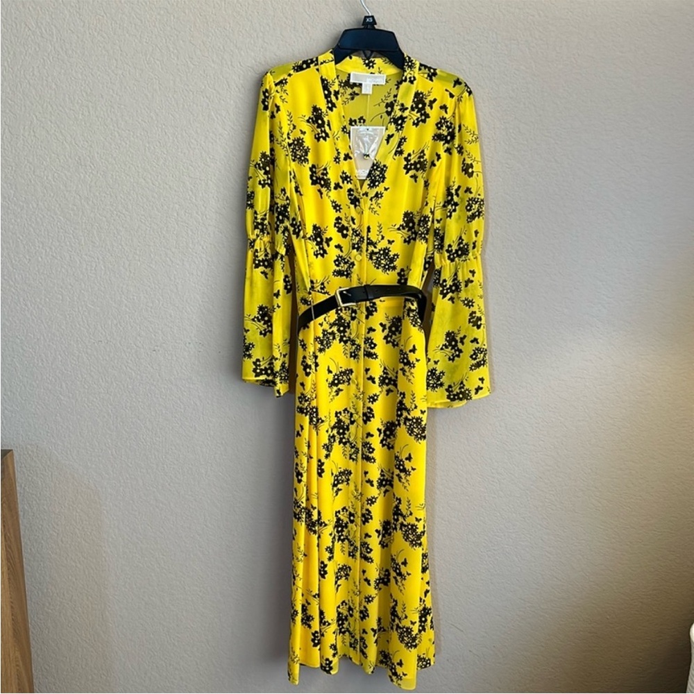 Michael Kors Floral Button down V Neck Belted Dress with Flare Sleeves